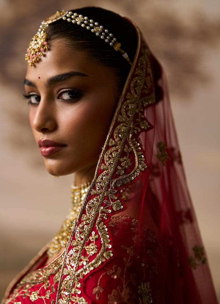 Red Embroidered Raw Silk Bridal Lehenga Set