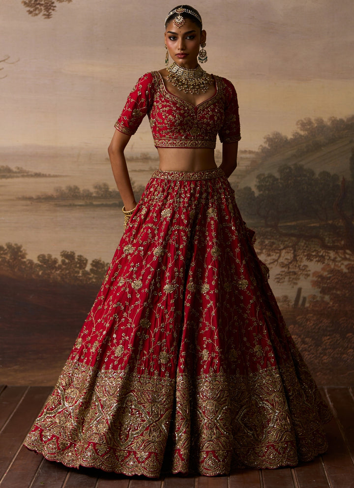 Red Embroidered Raw Silk Bridal Lehenga Set