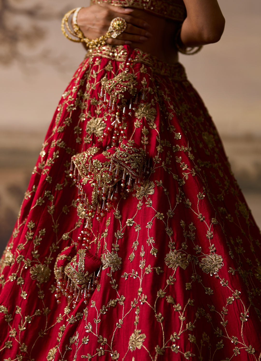 Red Embroidered Raw Silk Bridal Lehenga Set