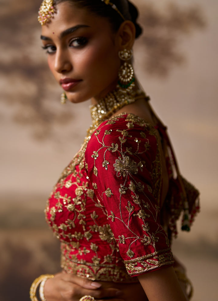 Red Embroidered Raw Silk Bridal Lehenga Set