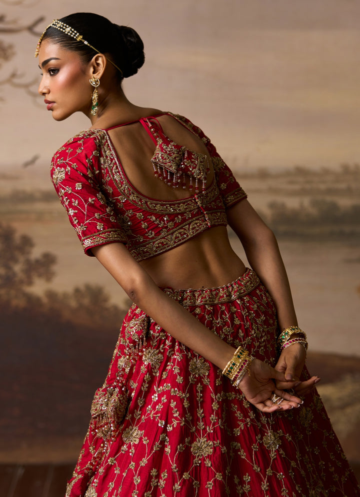 Red Embroidered Raw Silk Bridal Lehenga Set