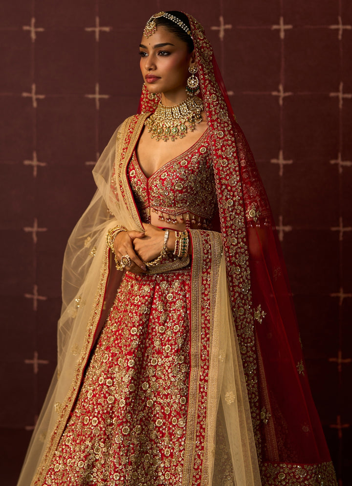 Red Embroidered Raw Silk Bridal Lehenga Set
