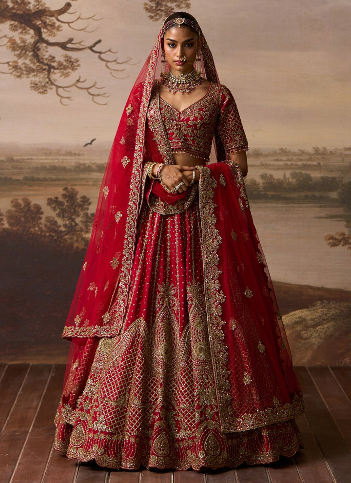 Deep Red Raw Silk Double Dupatta Lehenga Set