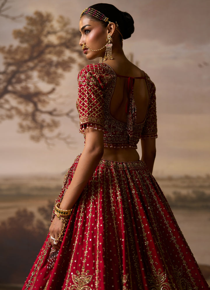 Deep Red Raw Silk Double Dupatta Lehenga Set