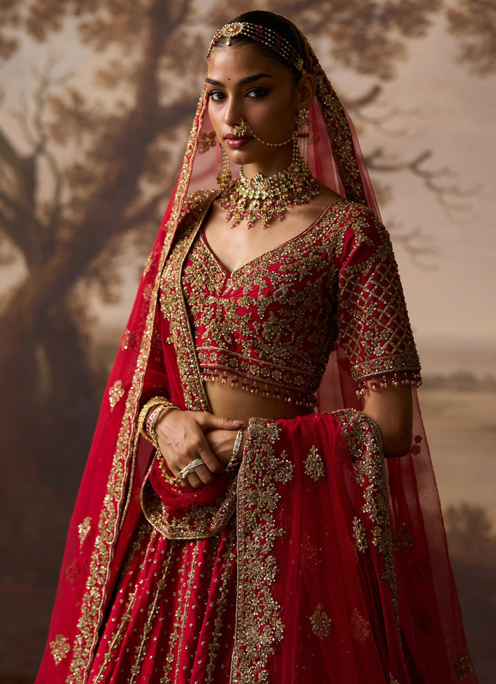Deep Red Raw Silk Double Dupatta Lehenga Set