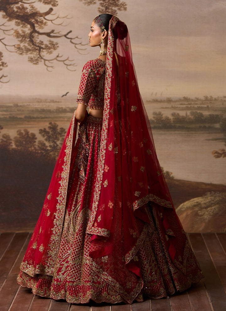 Deep Red Raw Silk Double Dupatta Lehenga Set