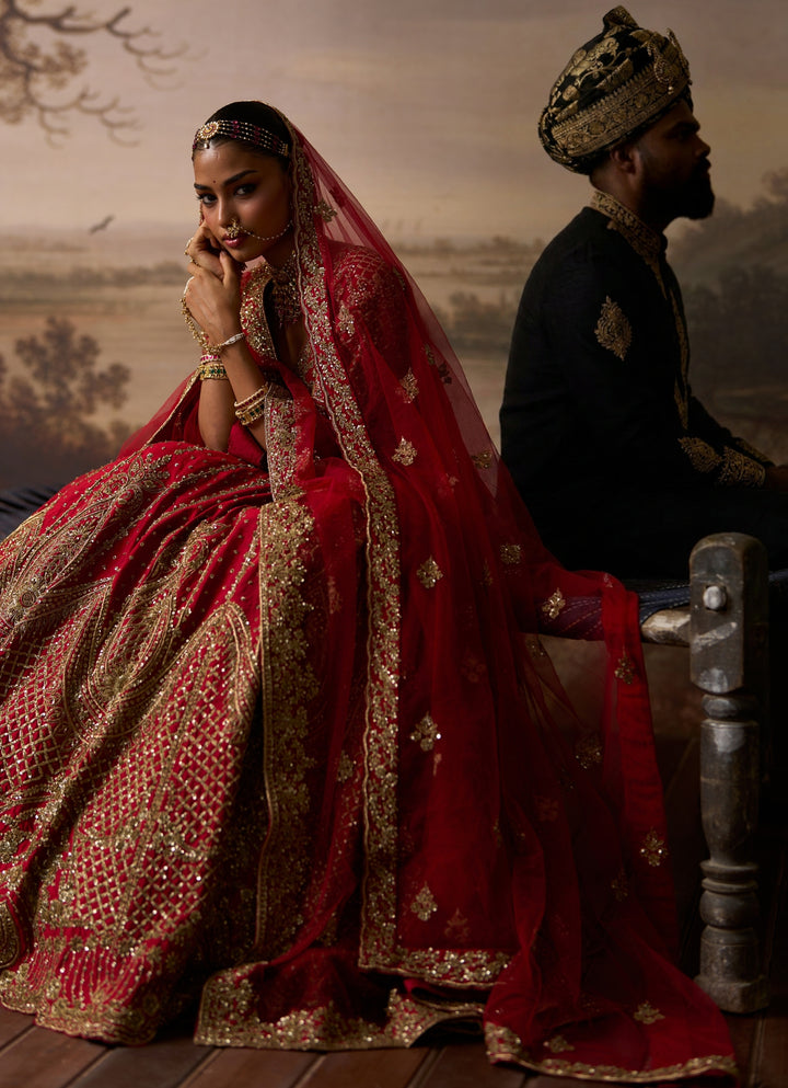 Deep Red Raw Silk Double Dupatta Lehenga Set