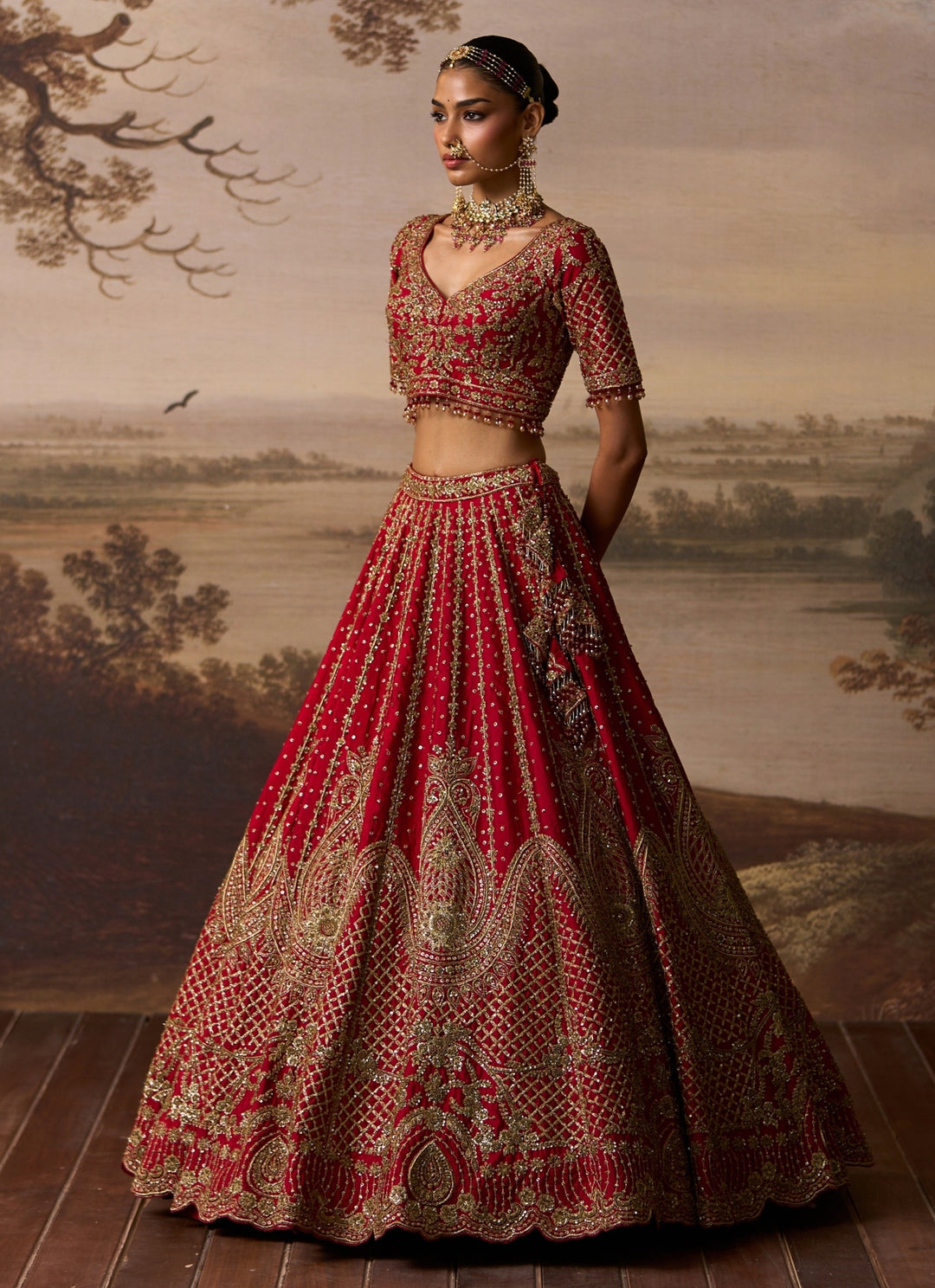 Deep Red Raw Silk Double Dupatta Lehenga Set
