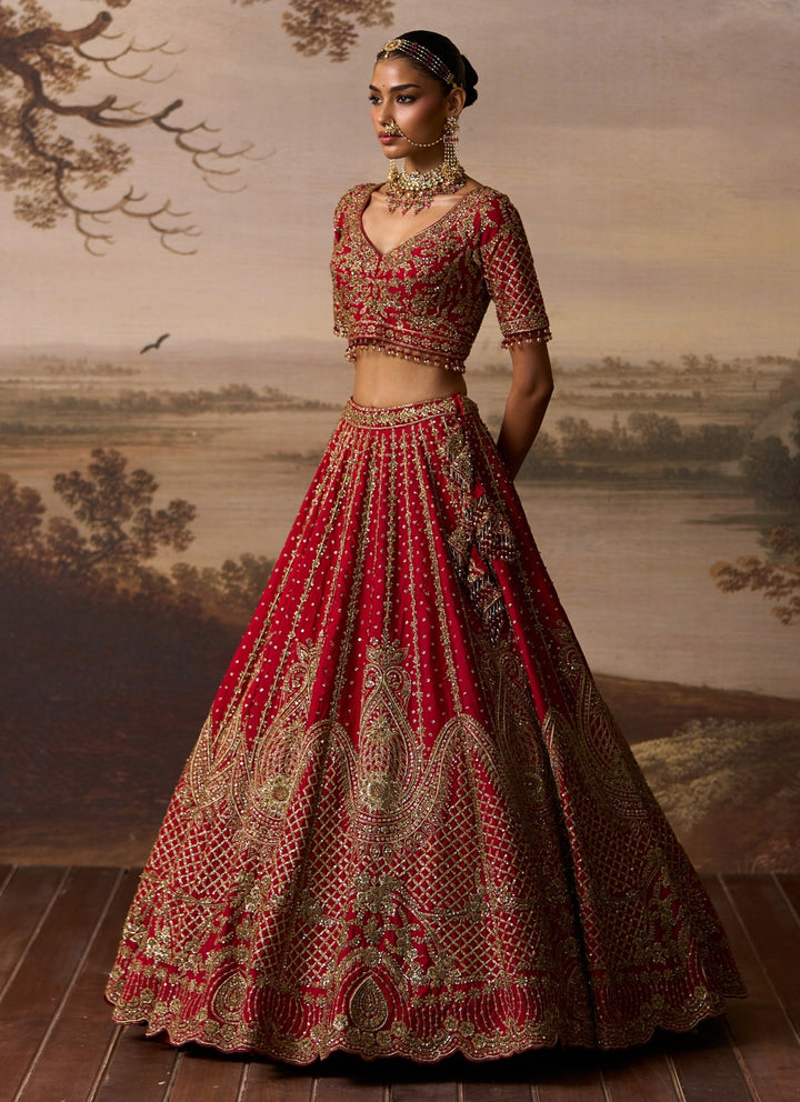 Deep Red Raw Silk Double Dupatta Lehenga Set