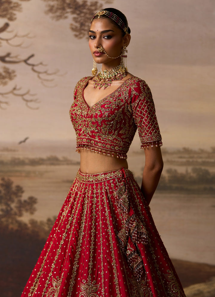 Deep Red Raw Silk Double Dupatta Lehenga Set