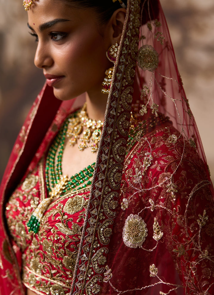 Red Embroidered Raw Silk Double Dupatta Lehenga