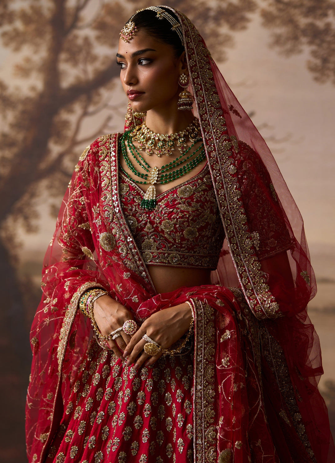 Red Embroidered Raw Silk Double Dupatta Lehenga