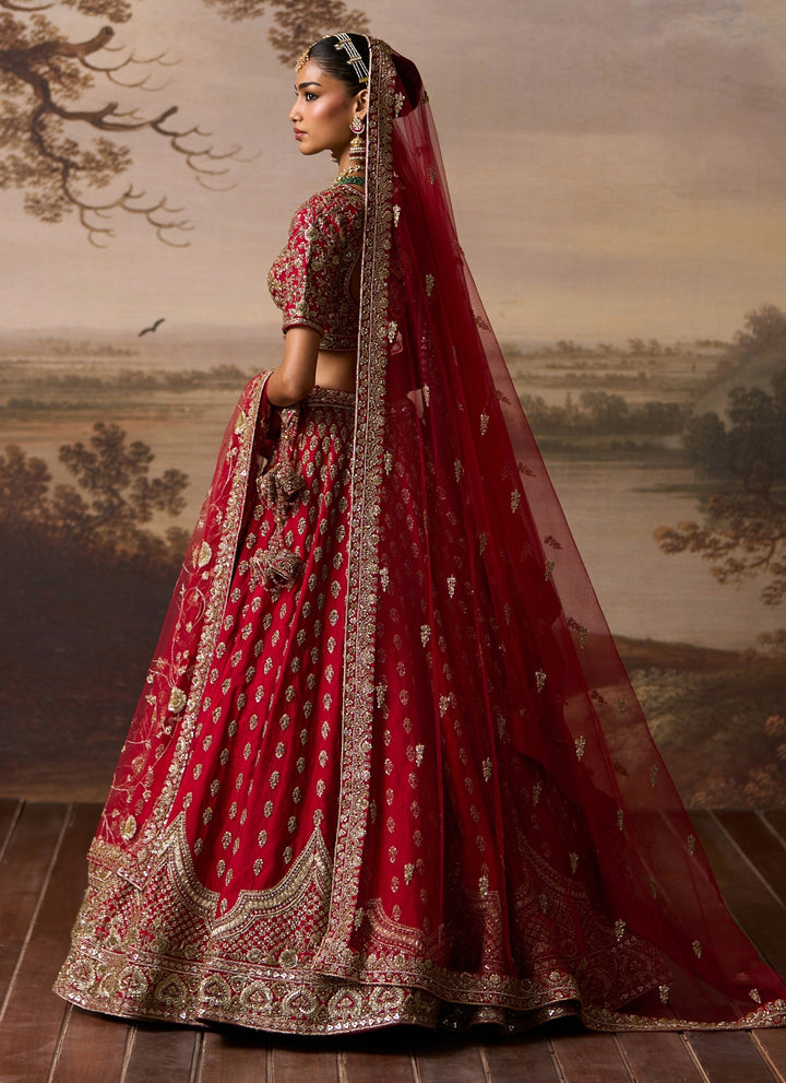 Red Embroidered Raw Silk Double Dupatta Lehenga