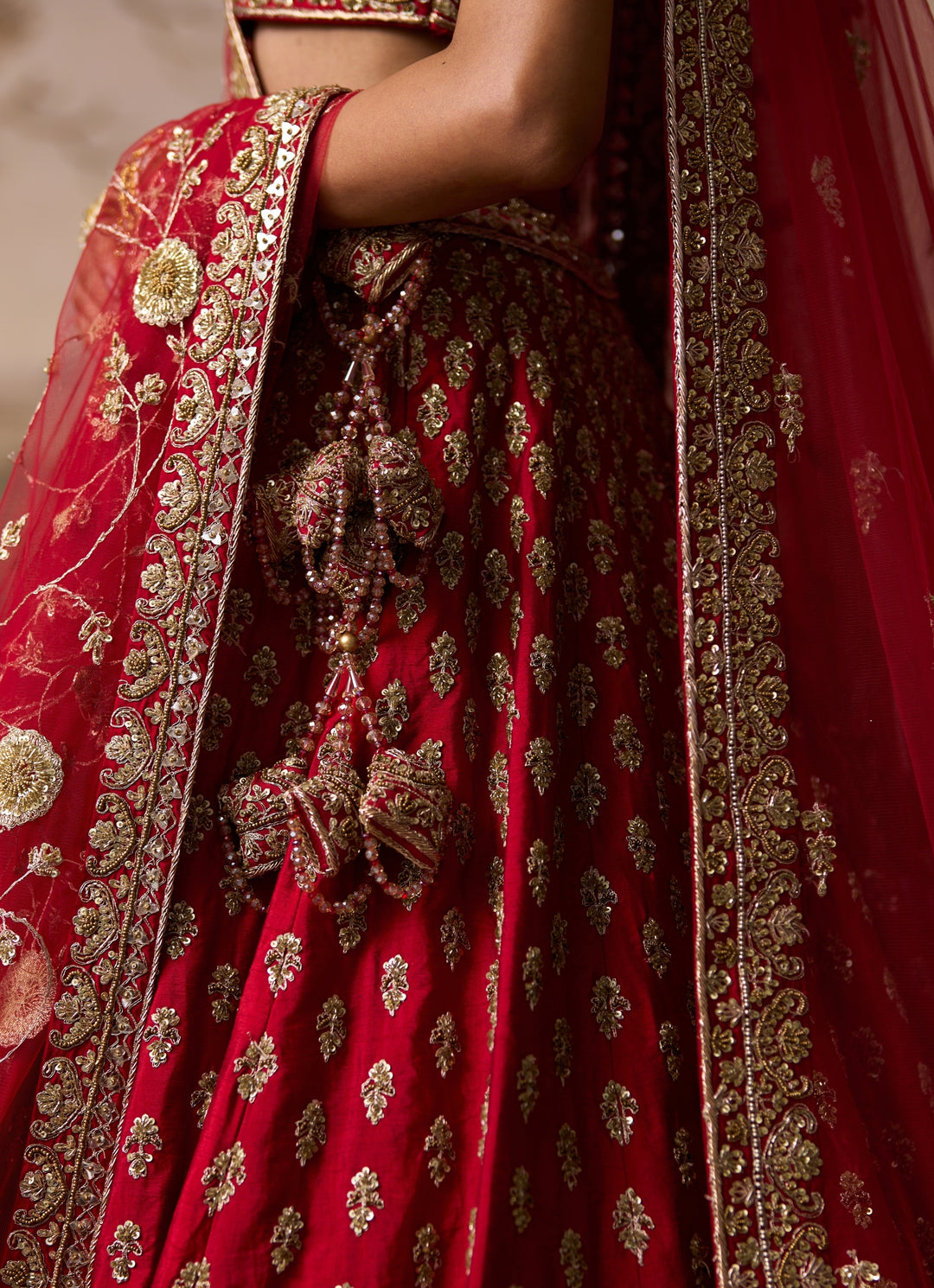 Red Embroidered Raw Silk Double Dupatta Lehenga