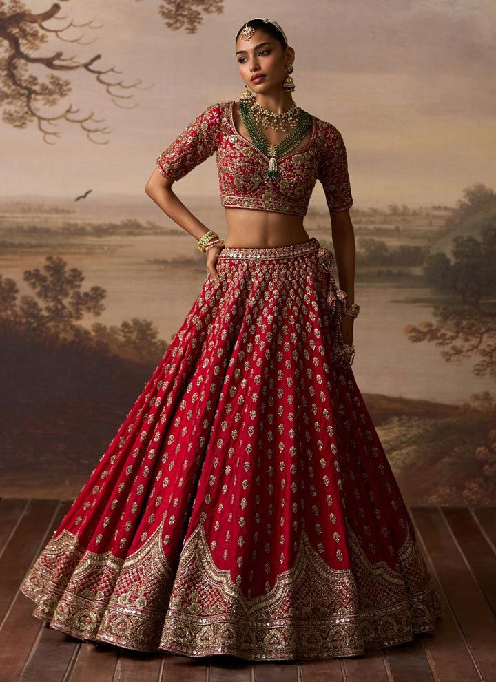 Red Embroidered Raw Silk Double Dupatta Lehenga