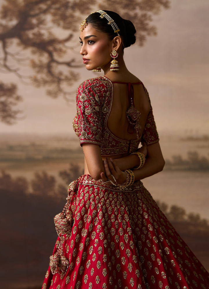 Red Embroidered Raw Silk Double Dupatta Lehenga