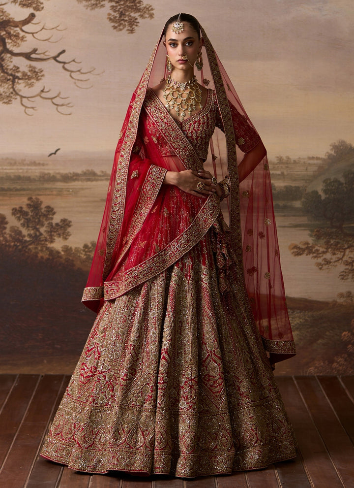 Red Raw Silk Double Dupatta Bridal Lehenga