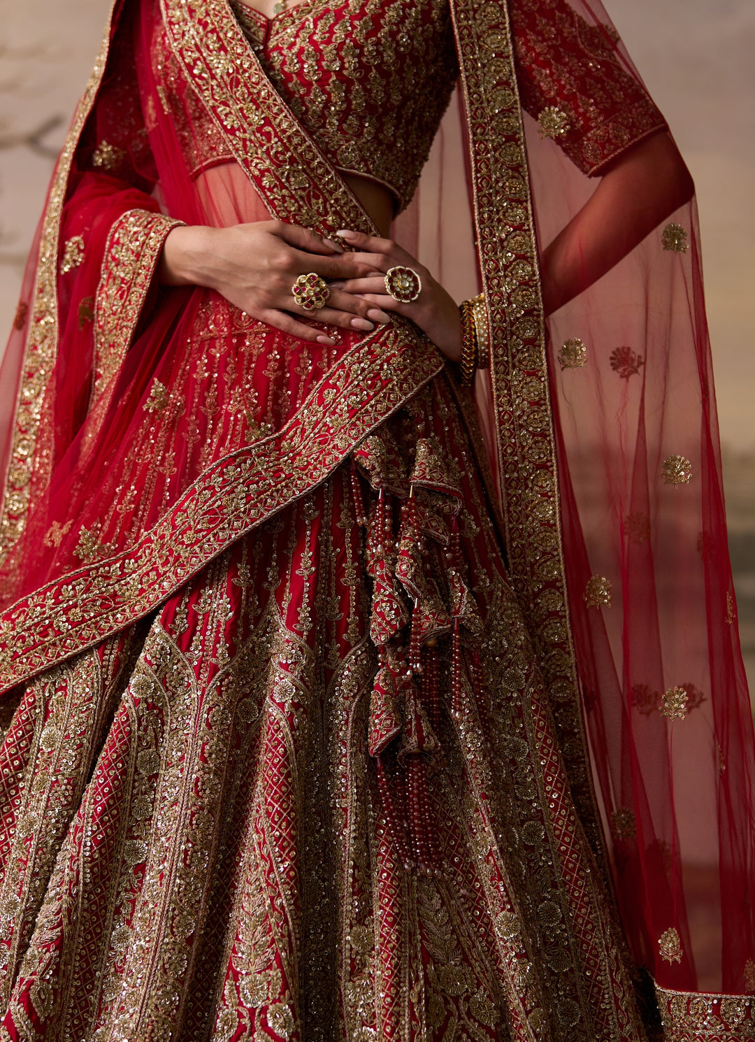 Red Raw Silk Double Dupatta Bridal Lehenga