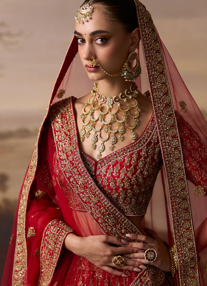 Red Raw Silk Double Dupatta Bridal Lehenga