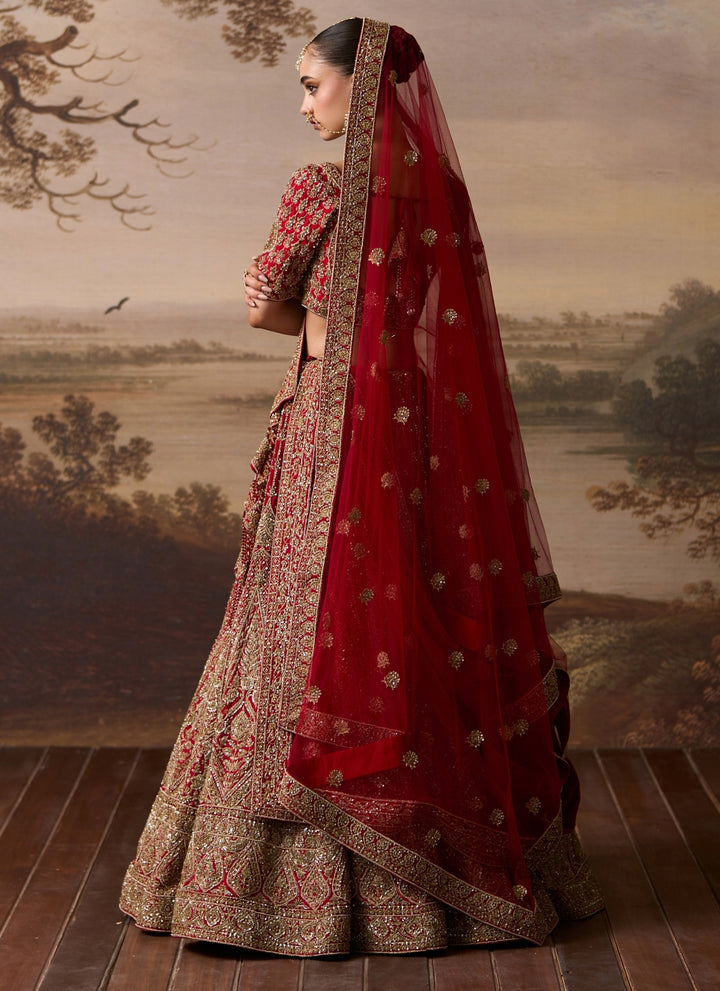 Red Raw Silk Double Dupatta Bridal Lehenga