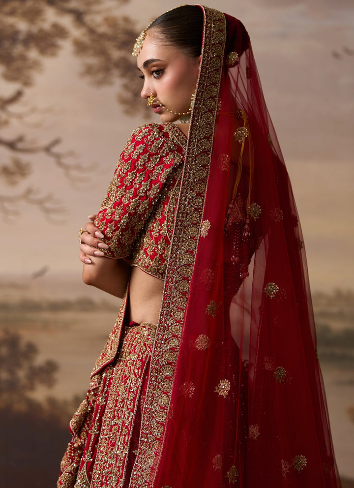 Red Raw Silk Double Dupatta Bridal Lehenga