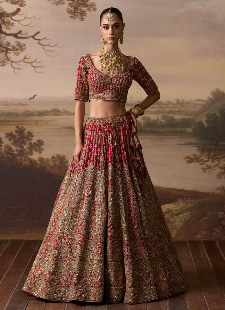 Red Raw Silk Double Dupatta Bridal Lehenga