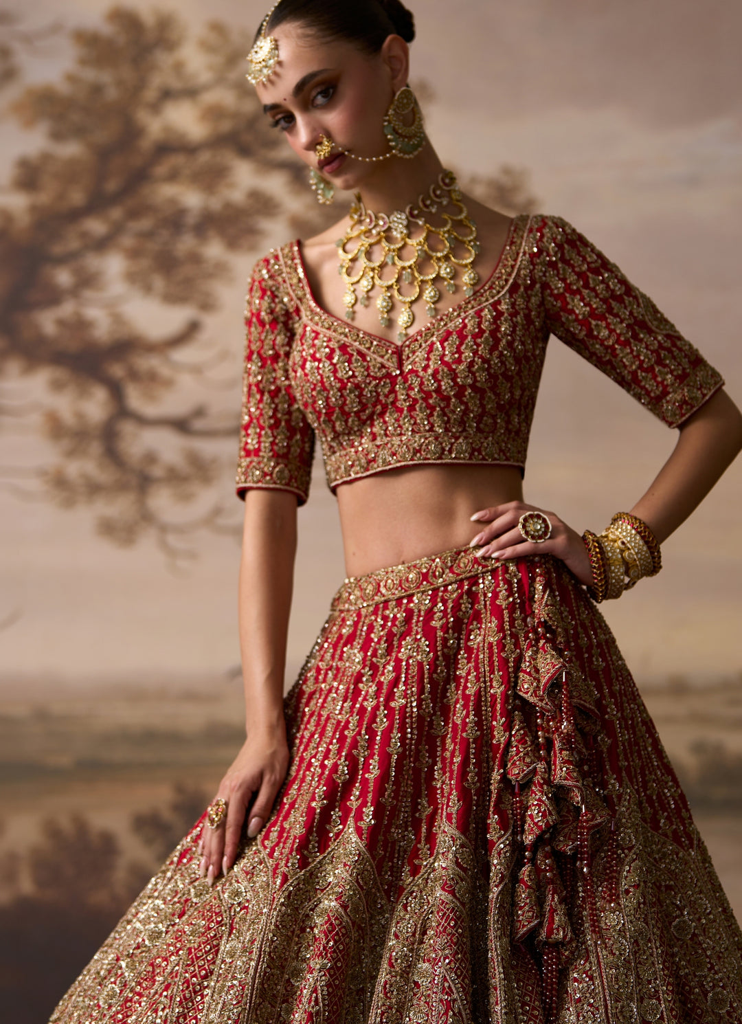 Red Raw Silk Double Dupatta Bridal Lehenga