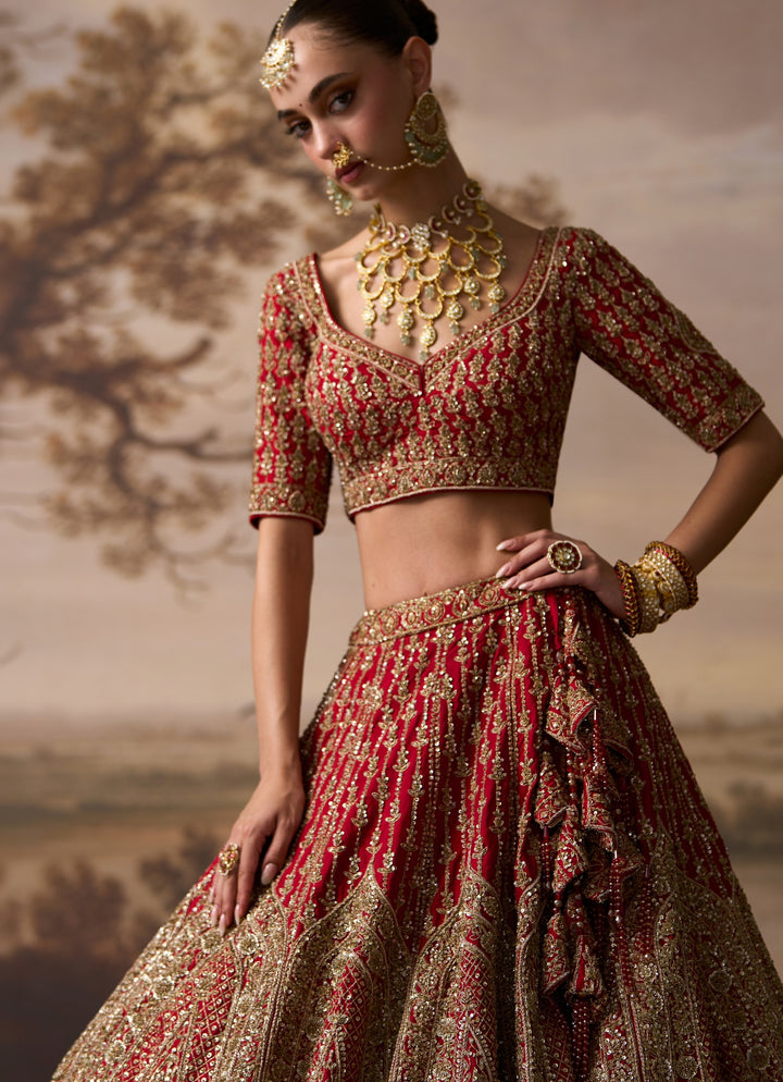 Red Raw Silk Double Dupatta Bridal Lehenga