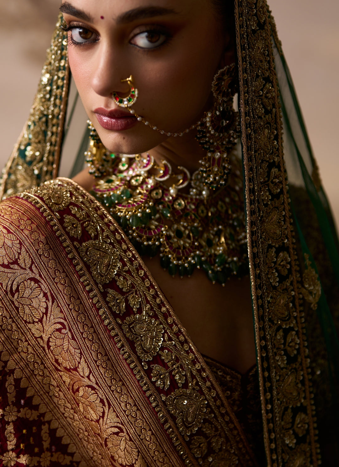 Emerald Green And Rust Raw Silk Bridal Lehenga
