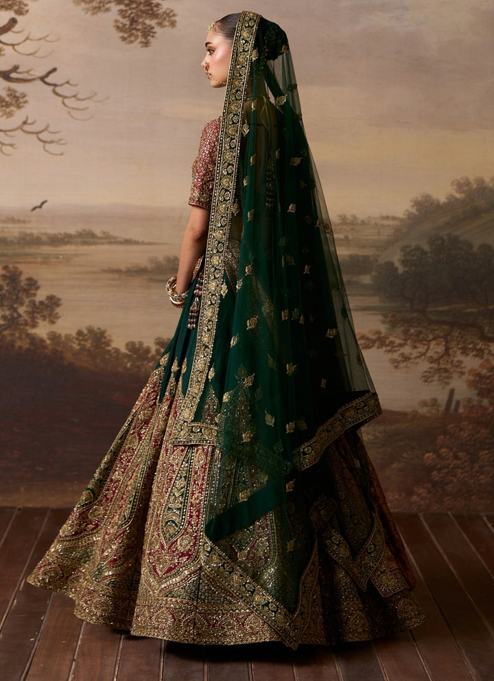 Emerald Green And Rust Raw Silk Bridal Lehenga