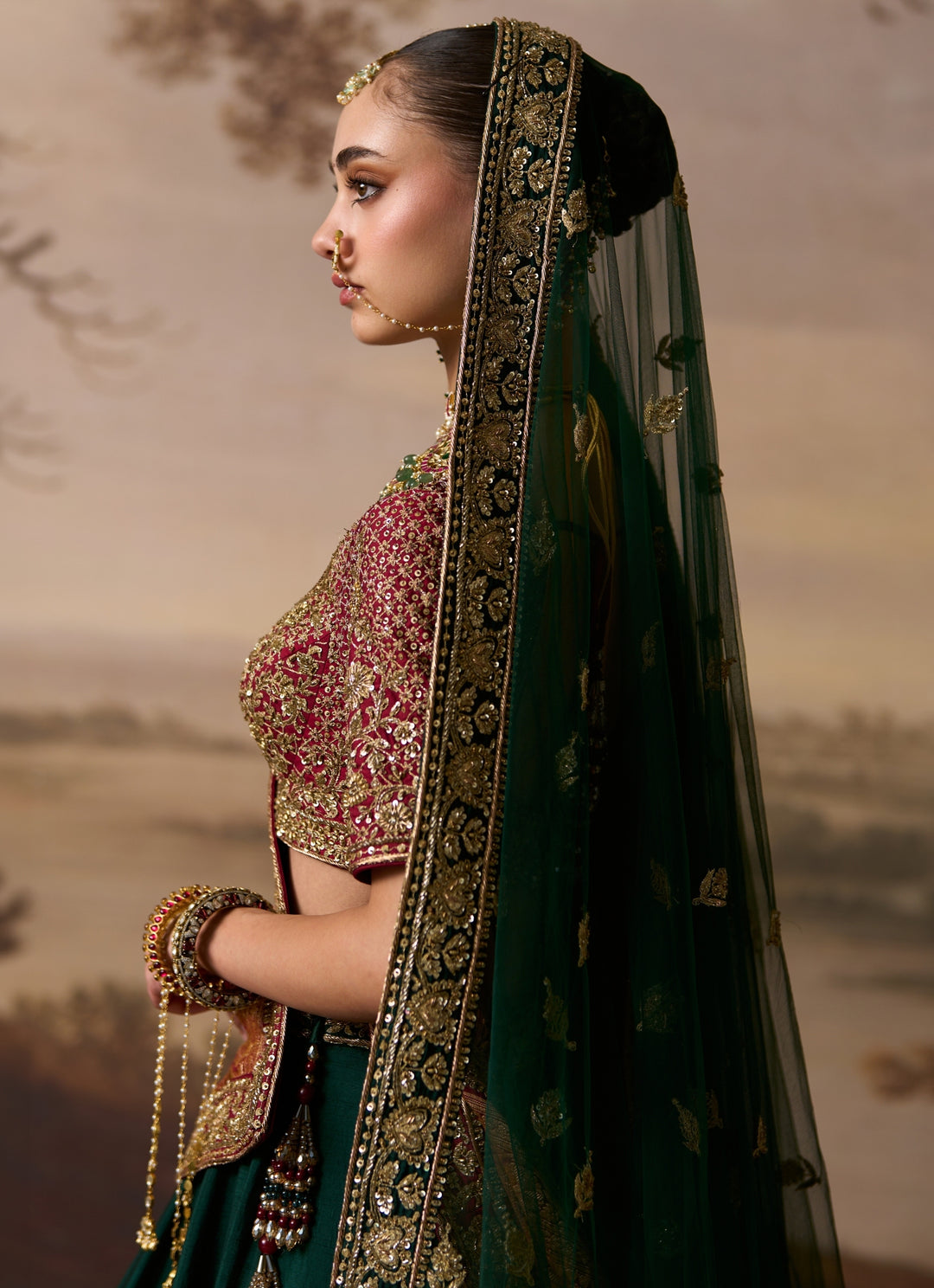 Emerald Green And Rust Raw Silk Bridal Lehenga