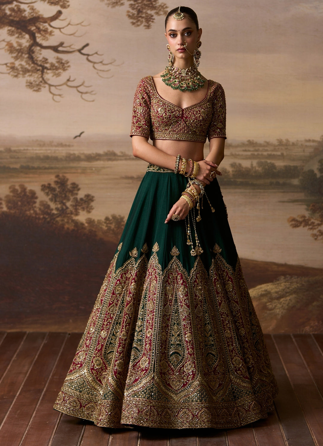 Emerald Green And Rust Raw Silk Bridal Lehenga
