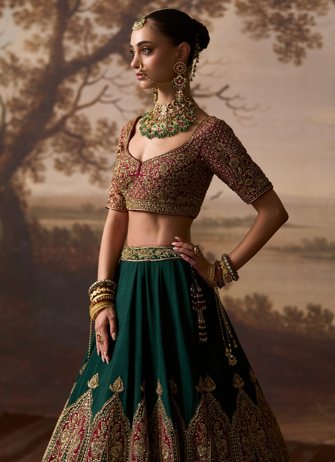Emerald Green And Rust Raw Silk Bridal Lehenga
