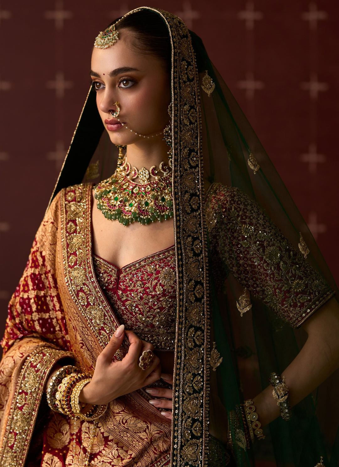 Emerald Green And Rust Raw Silk Bridal Lehenga