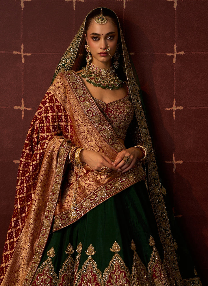 Emerald Green And Rust Raw Silk Bridal Lehenga