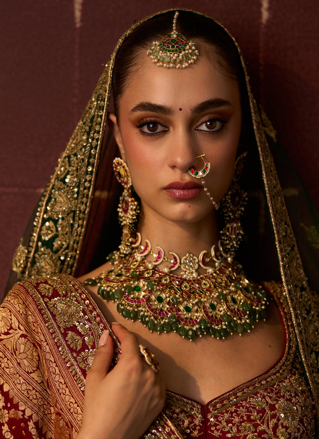 Emerald Green And Rust Raw Silk Bridal Lehenga