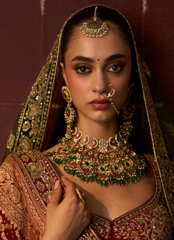 Emerald Green And Rust Raw Silk Bridal Lehenga