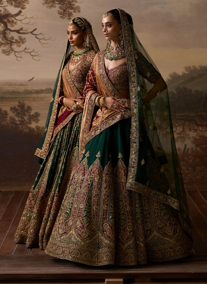 Emerald Green And Rust Raw Silk Bridal Lehenga