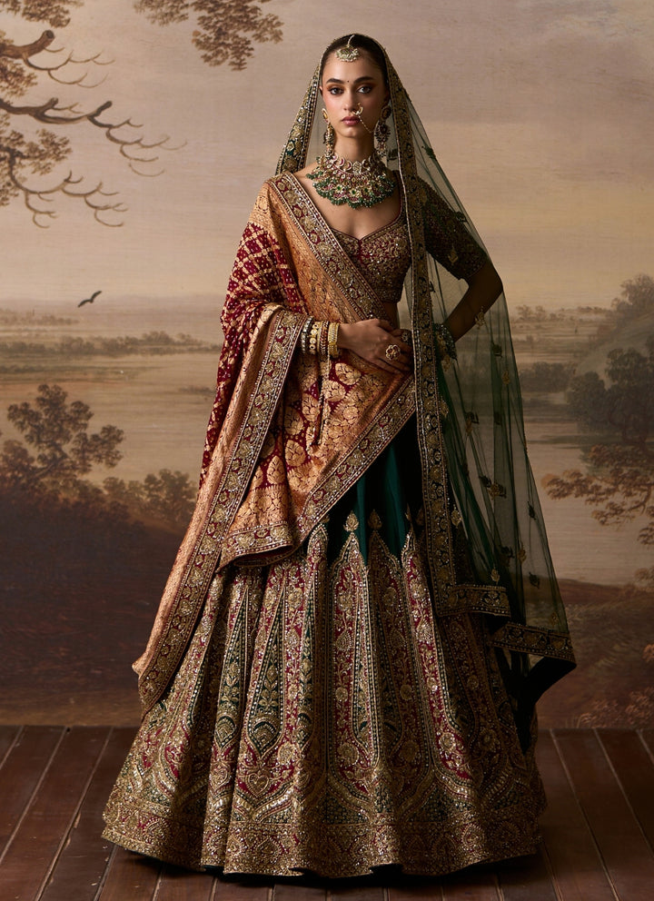 Emerald Green And Rust Raw Silk Bridal Lehenga