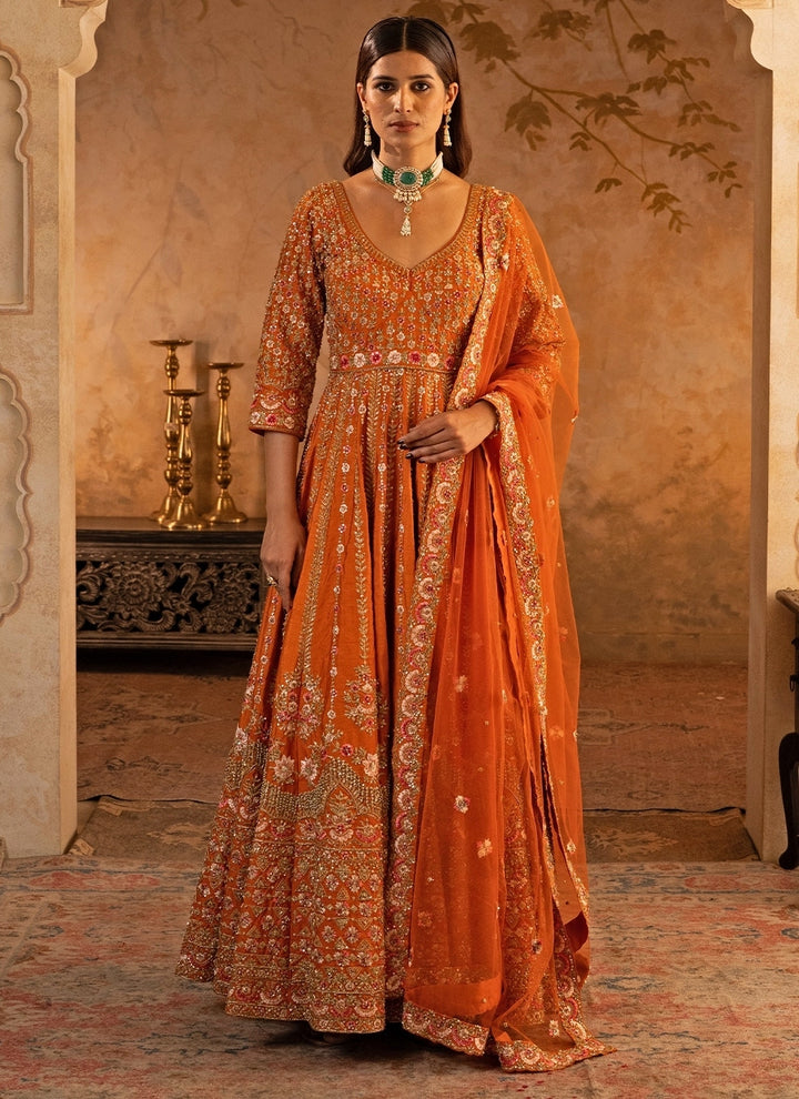 Rust Orange Raw Silk Anarkali Set