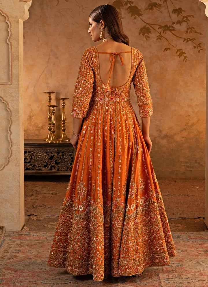Rust Orange Raw Silk Anarkali Set