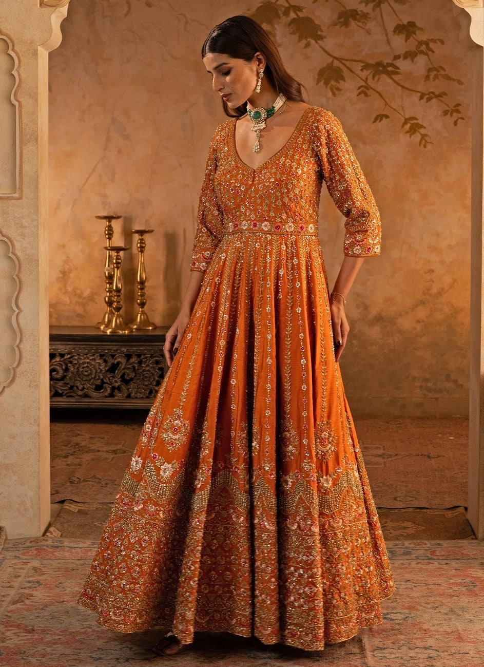 Rust Orange Raw Silk Anarkali Set