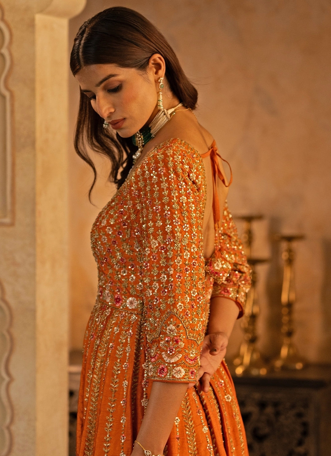 Rust Orange Raw Silk Anarkali Set