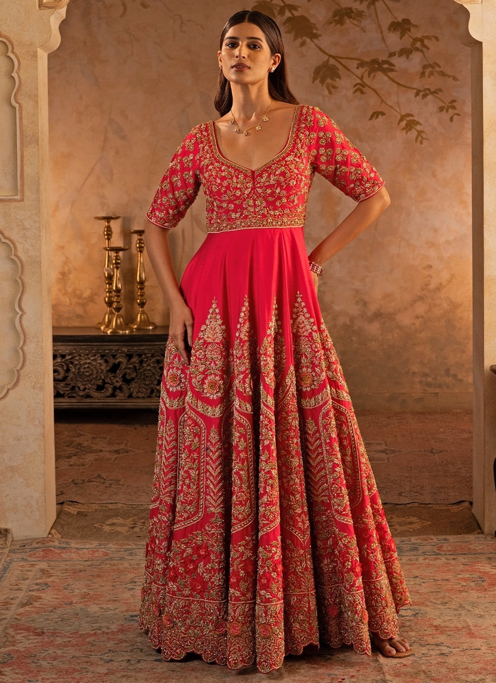 Red Raw Silk Anarkali Set