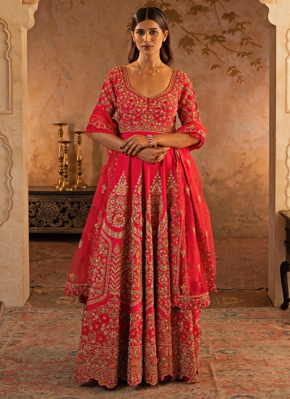 Red Raw Silk Anarkali Set