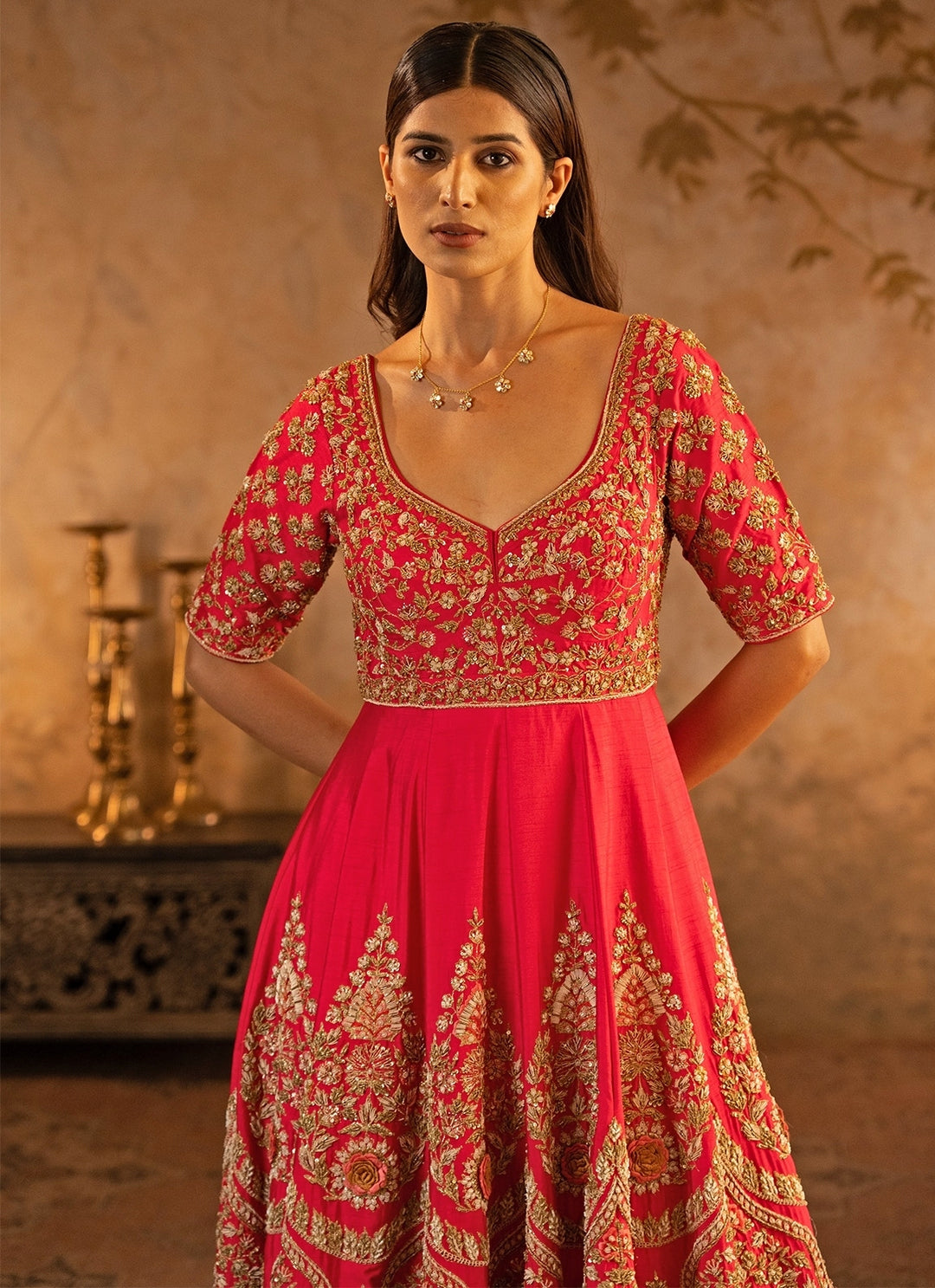 Red Raw Silk Anarkali Set