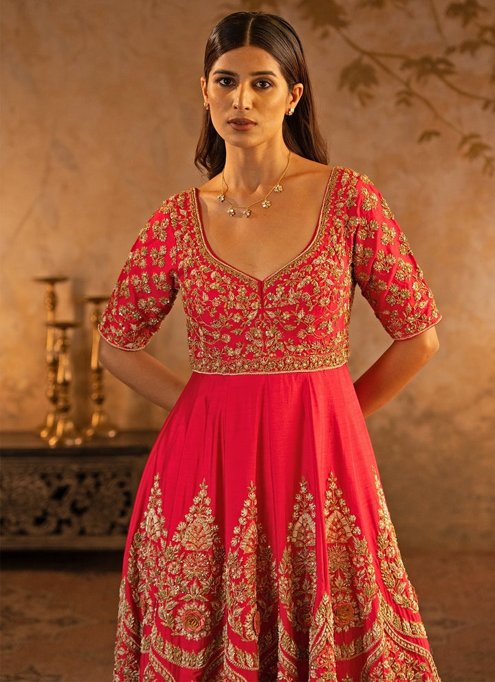 Red Raw Silk Anarkali Set