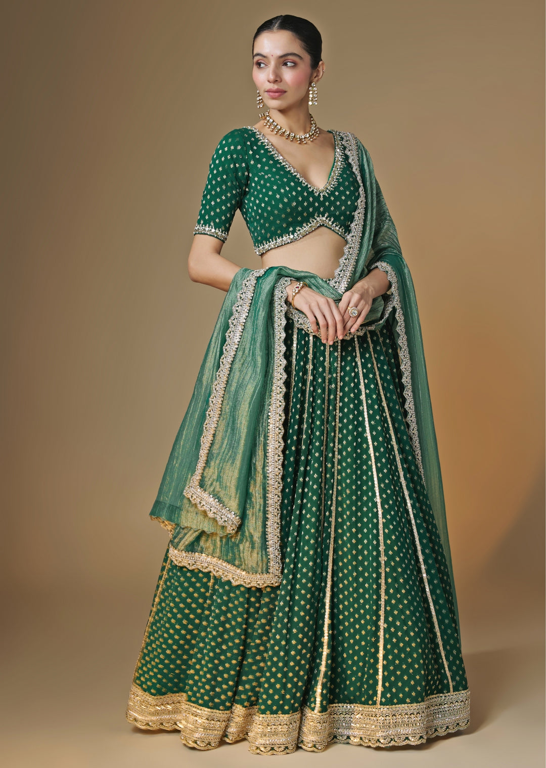 Emerald Green Banarasi Georgette Lehenga Set