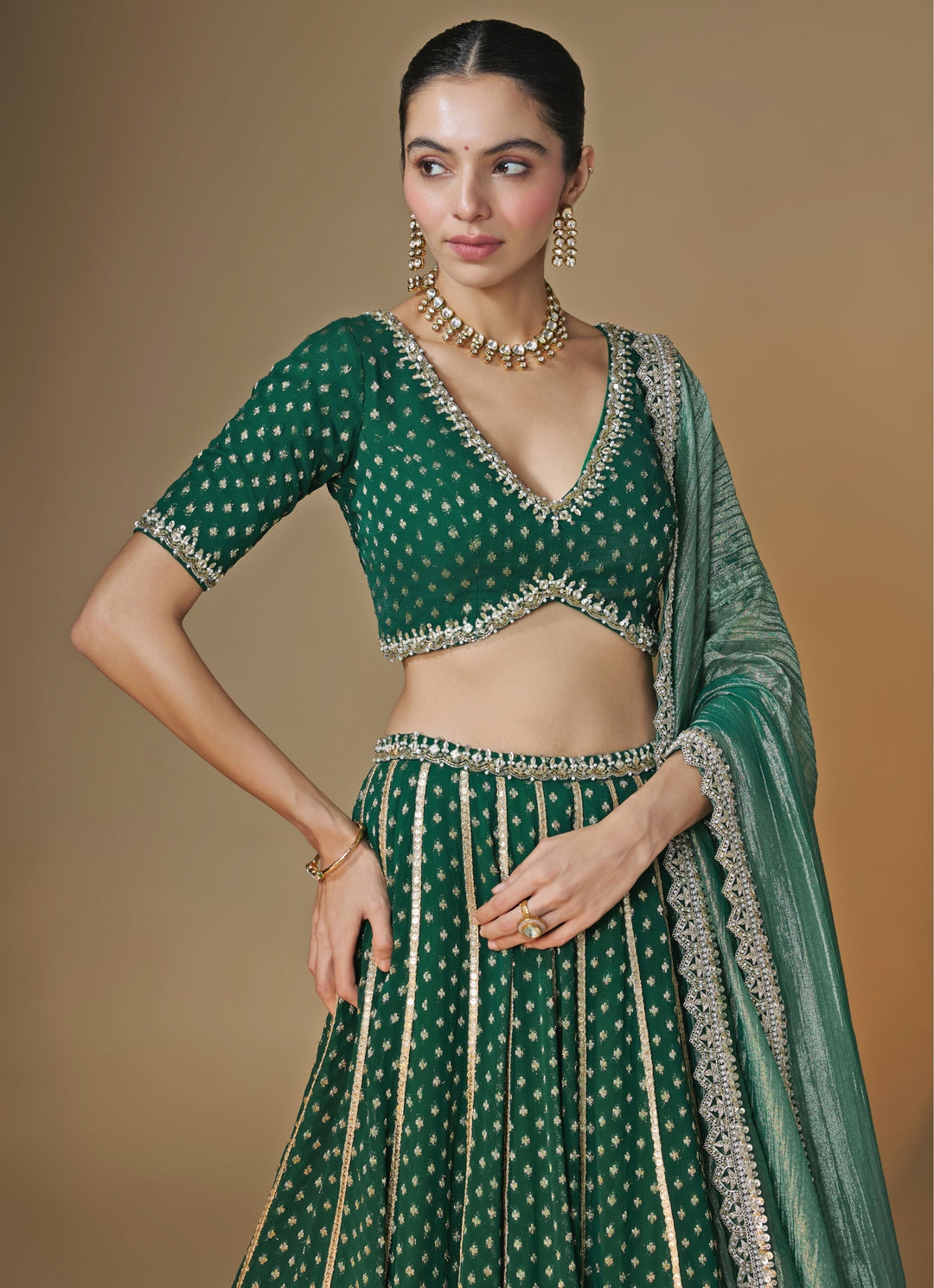 Emerald Green Banarasi Georgette Lehenga Set