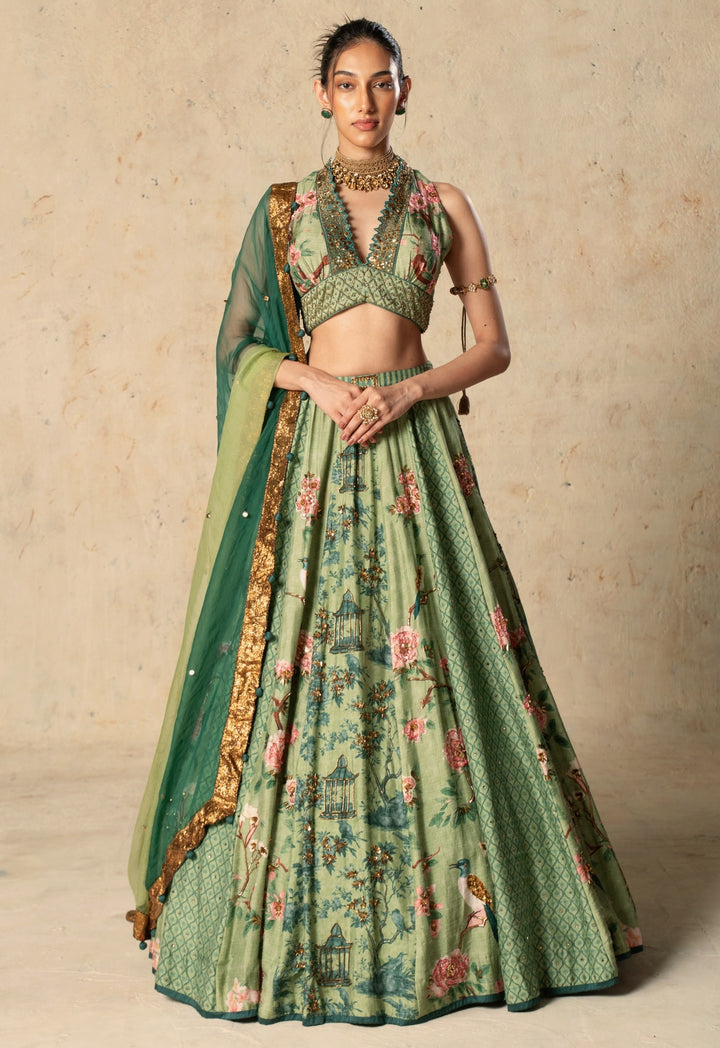 Green Printed Tussar Lehenga Set